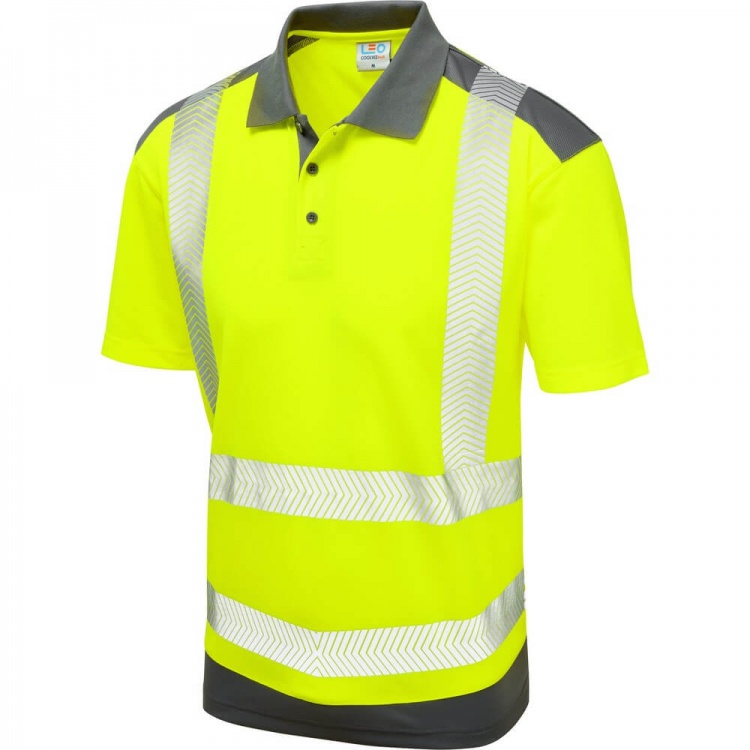 Leo Workwear P14-Y/GY Peppercombe ISO 20471 Class 2 Dual Colour Coolviz Plus Polo Shirt Yellow / Grey
